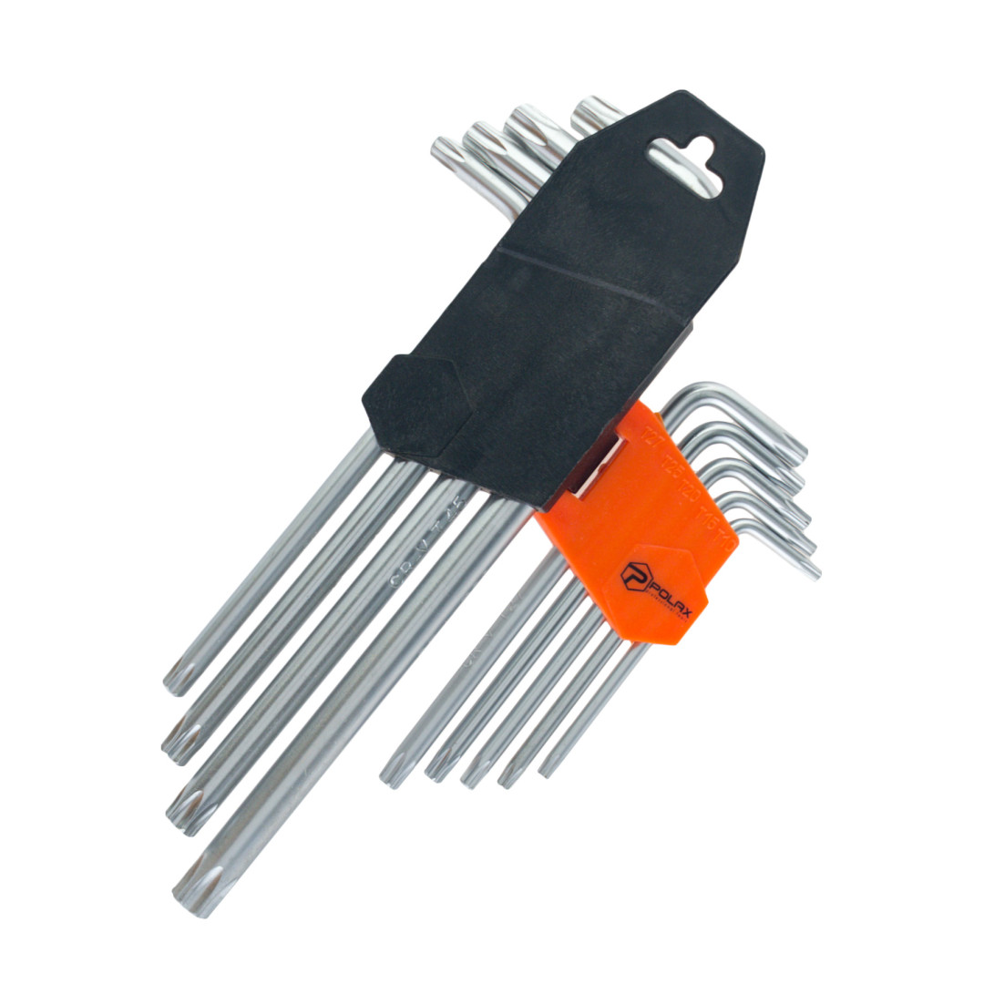 Набор шестигранных TORX ключей Polax Г-образных удлиненных, 9 предметов, Т10-Т50, Cr-V (25-008)