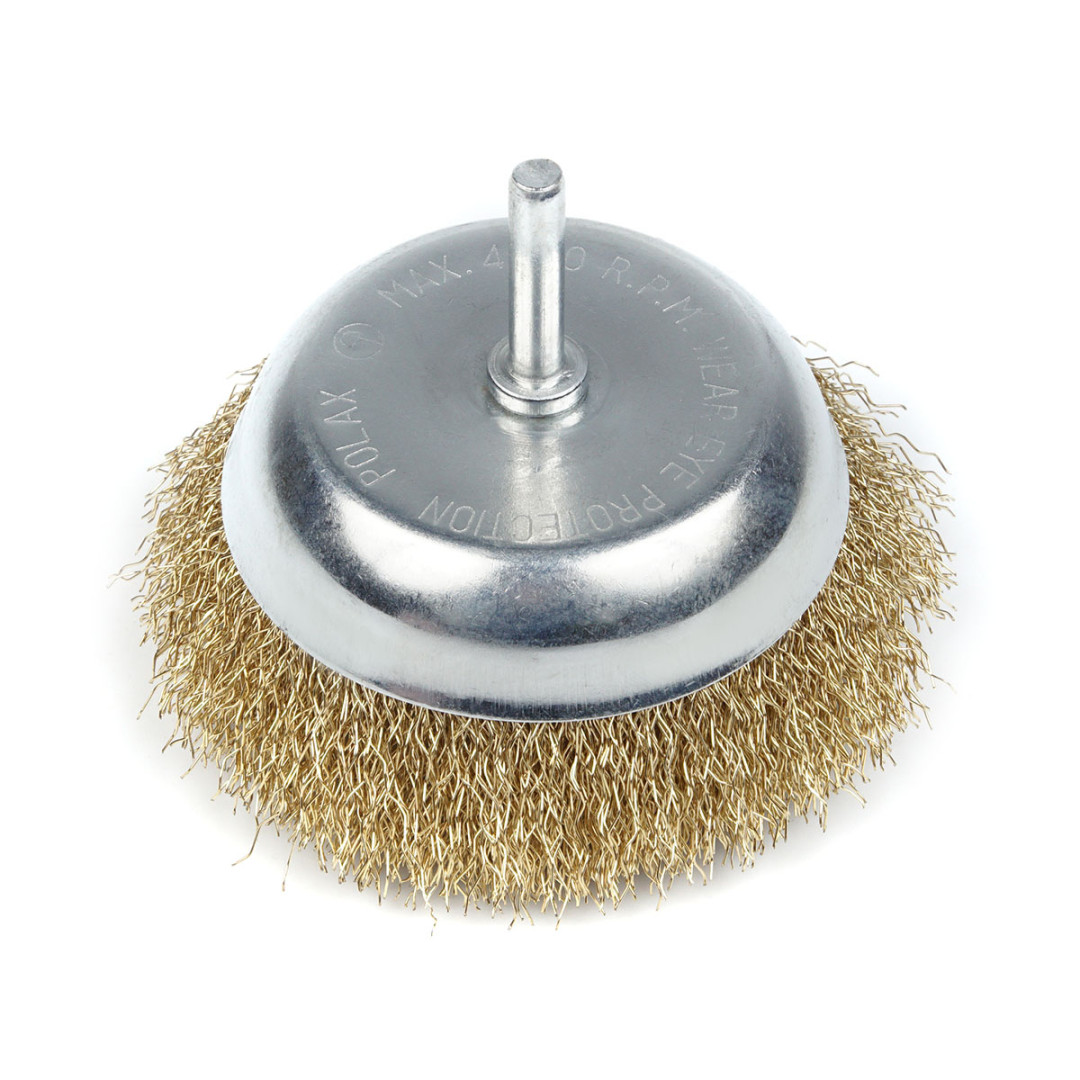 Щетка чашечная 100 мм, для дрели, 1/4", гофр. пров., латунированная Polax (54-173)