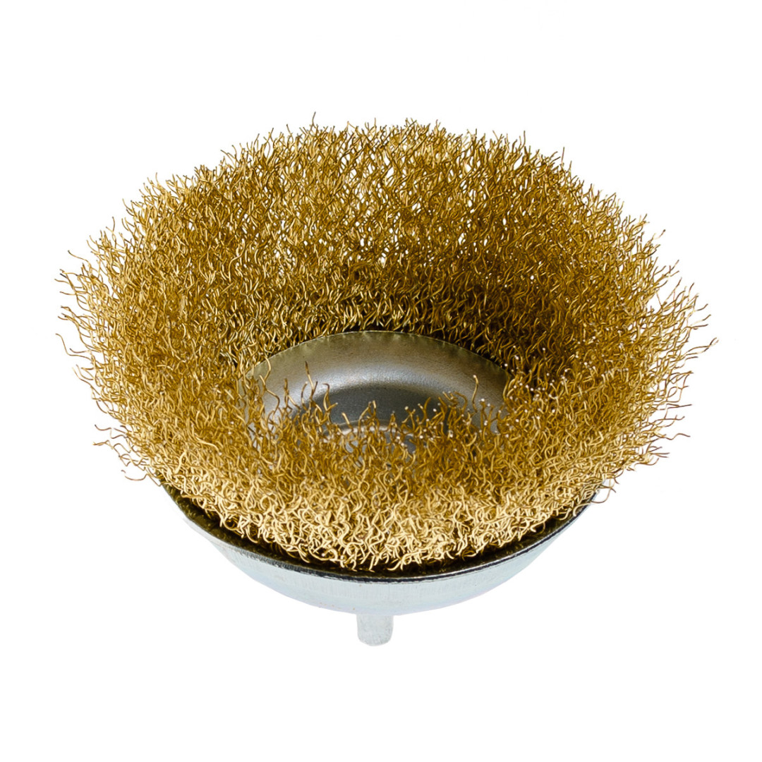Щетка чашечная 100 мм, для дрели, 1/4", гофр. пров., латунированная Polax (54-173)